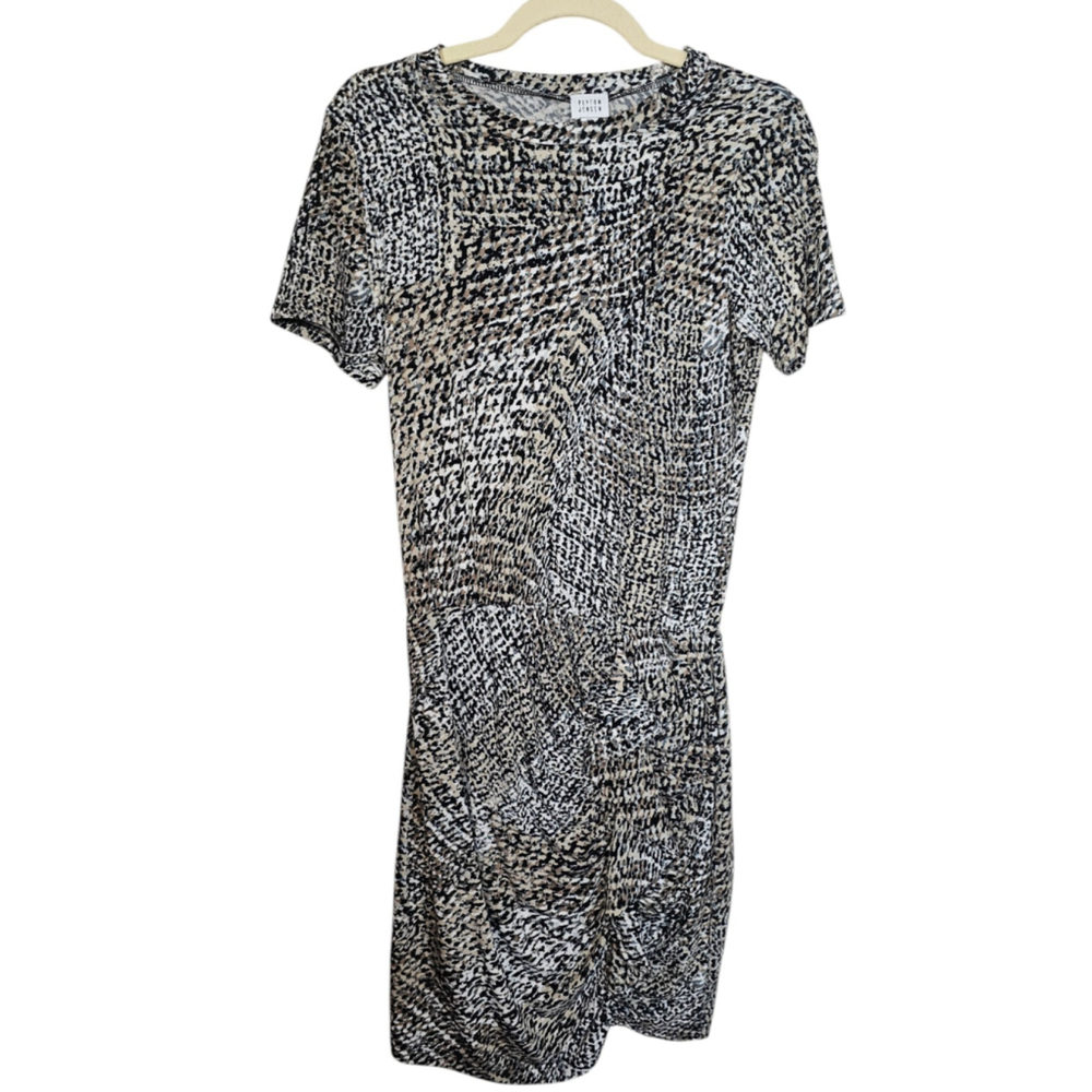 Peyton Jensen Dress Ruched Short Sleeve Black White Abstract Print Fitted XS EUC
